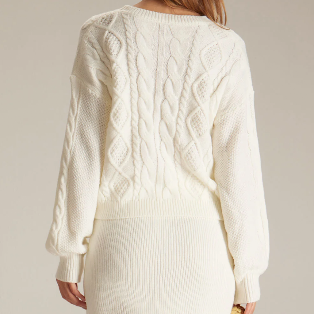 White Round Neck Cable Knit Long Sleeve Sweater - view 3