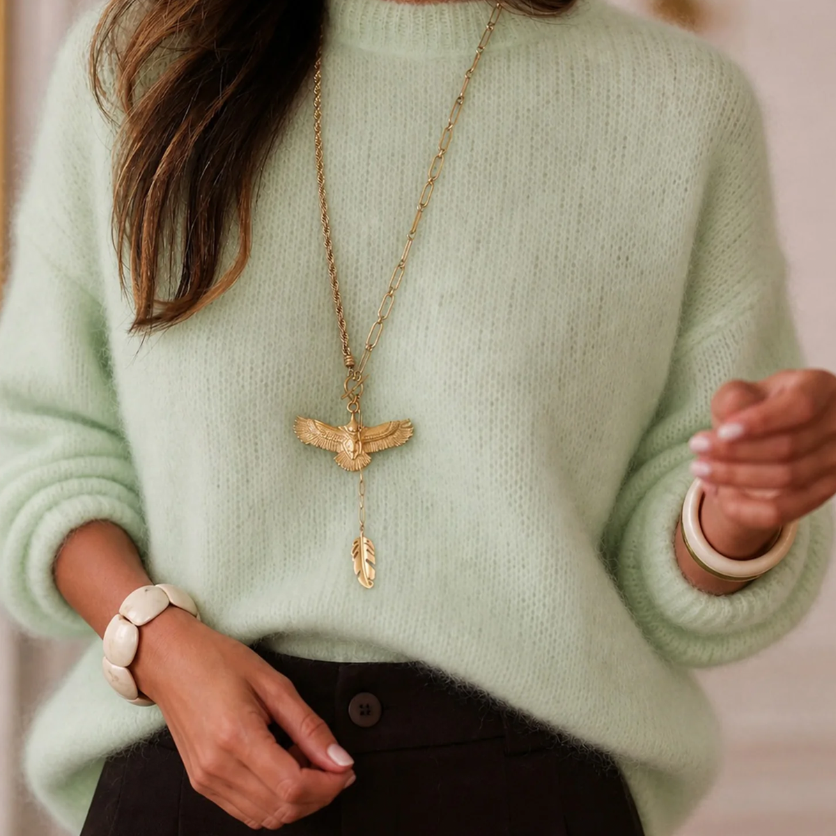Green Round Neck Textured Loose Long Knit Sweater - view 2