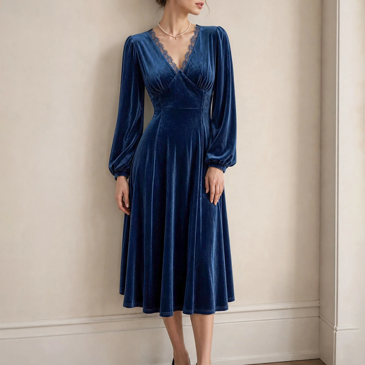 V Neck Lace Bishop Sleeve A-Line Midi Dress - view 2