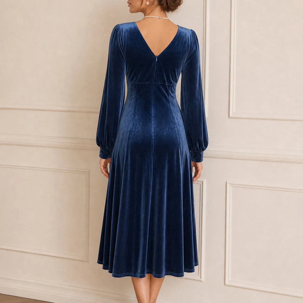 V Neck Lace Bishop Sleeve A-Line Midi Dress - view 3