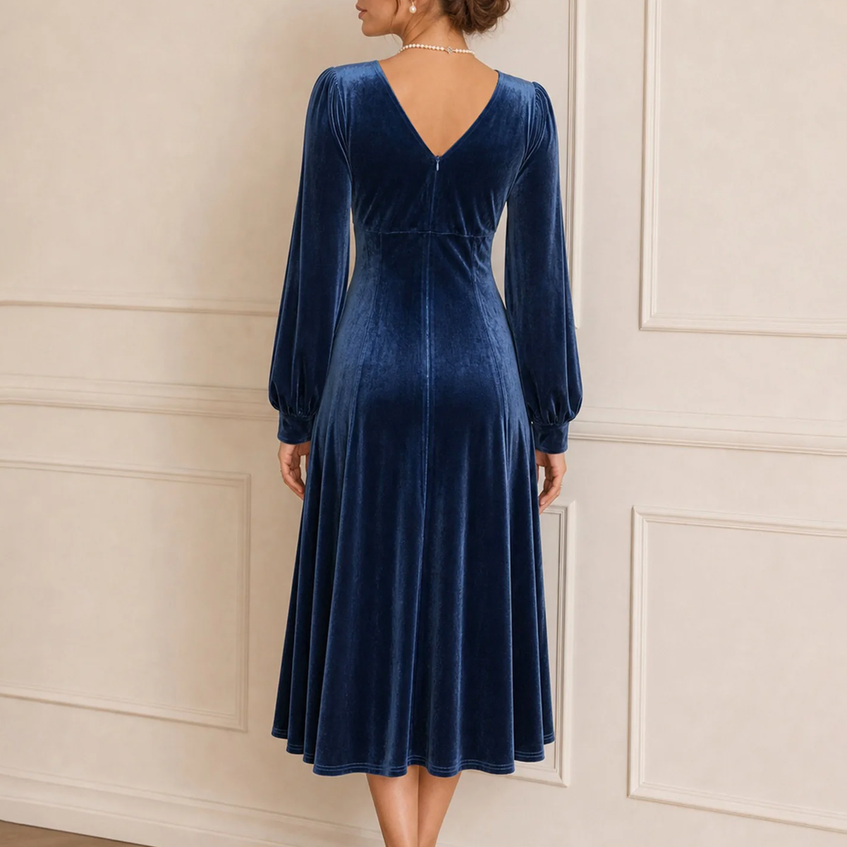 V Neck Lace Bishop Sleeve A-Line Midi Dress - view 3