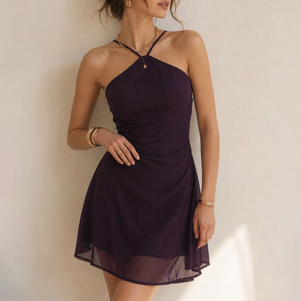 Black Halter Shirred Ruched A-Line Skater Mini Dress - view 2