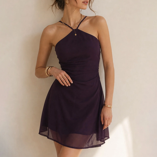 Black Halter Shirred Ruched A-Line Skater Mini Dress - view 2